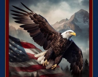 May include: A majestic bald eagle in flight, with outstretched wings, against a backdrop of the American flag and mountain range. The eagle has brown feathers, a white head, and a yellow beak. The flag displays red and white stripes and blue field with white stars.