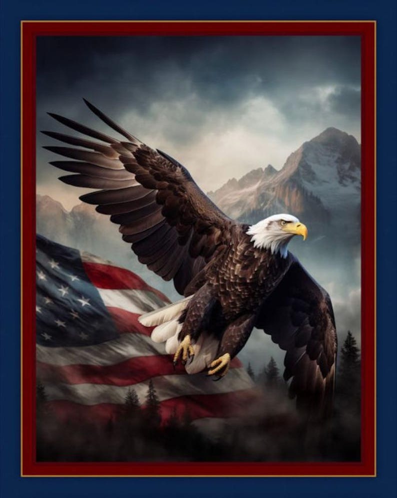 Soaring the Flag Panel, Eagle Digital Cotton Fabric, Americana USA Flag ...