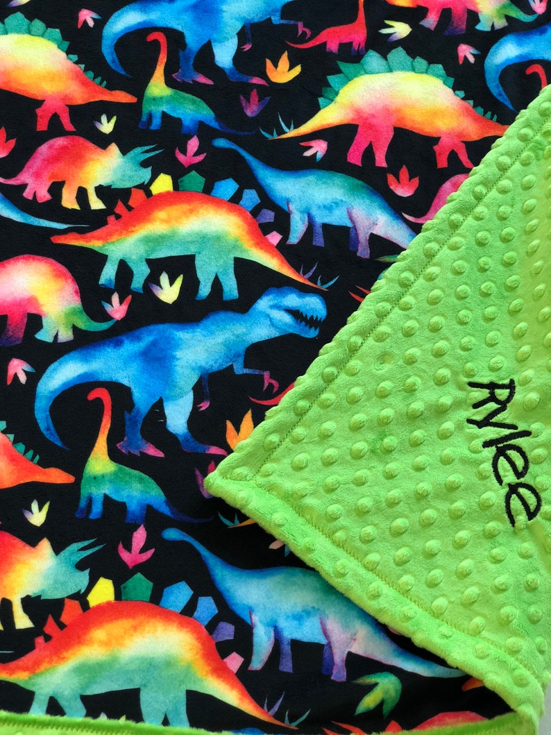 Watercolor Dinosaurs in Blue Lovey Blanket and Purple Minky and Sherpa Green