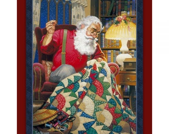 Quilting Santa panel, cotton quilting fabric, Sewing Santa making Quilt, 36 x 44, vintage retro look, nostalgic patchwork