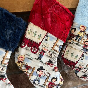 Christmas Stockings for boys, Cowboy, cowpoke, little boys toddler, personalized, nostalgic retro vintage cowboys, rodeo, chuck wagon minky Scarlet Hide
