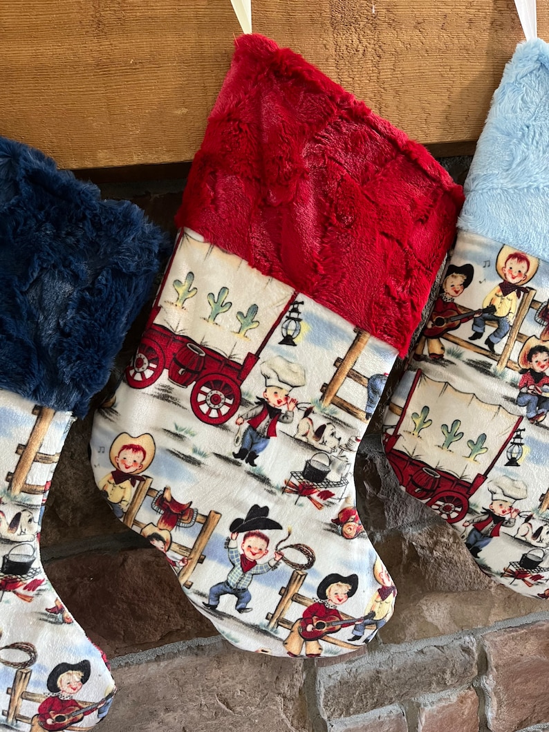 Christmas Stockings for boys, Cowboy, cowpoke, little boys toddler, personalized, nostalgic retro vintage cowboys, rodeo, chuck wagon minky Scarlet Hide