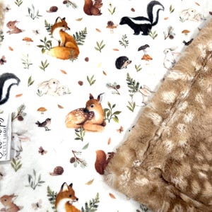 Woodland Baby Blanket, forest animals, Fawn deer, fox bunny, gender neutral, soft Minky, crib nursery, new baby gift, personalized, handmade