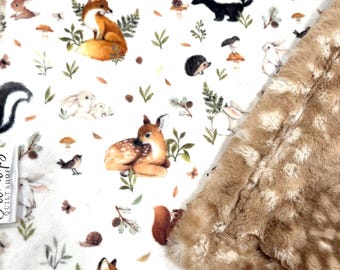 Woodland Baby Blanket, forest animals, Fawn deer, fox bunny, gender neutral, soft Minky, crib nursery, new baby gift, personalized, handmade