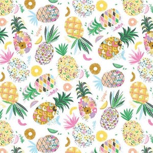 Dear Stella fabric, by the yard or half yard, pineapple fabric, tropical fruit, quilting cotton, D3040 White
