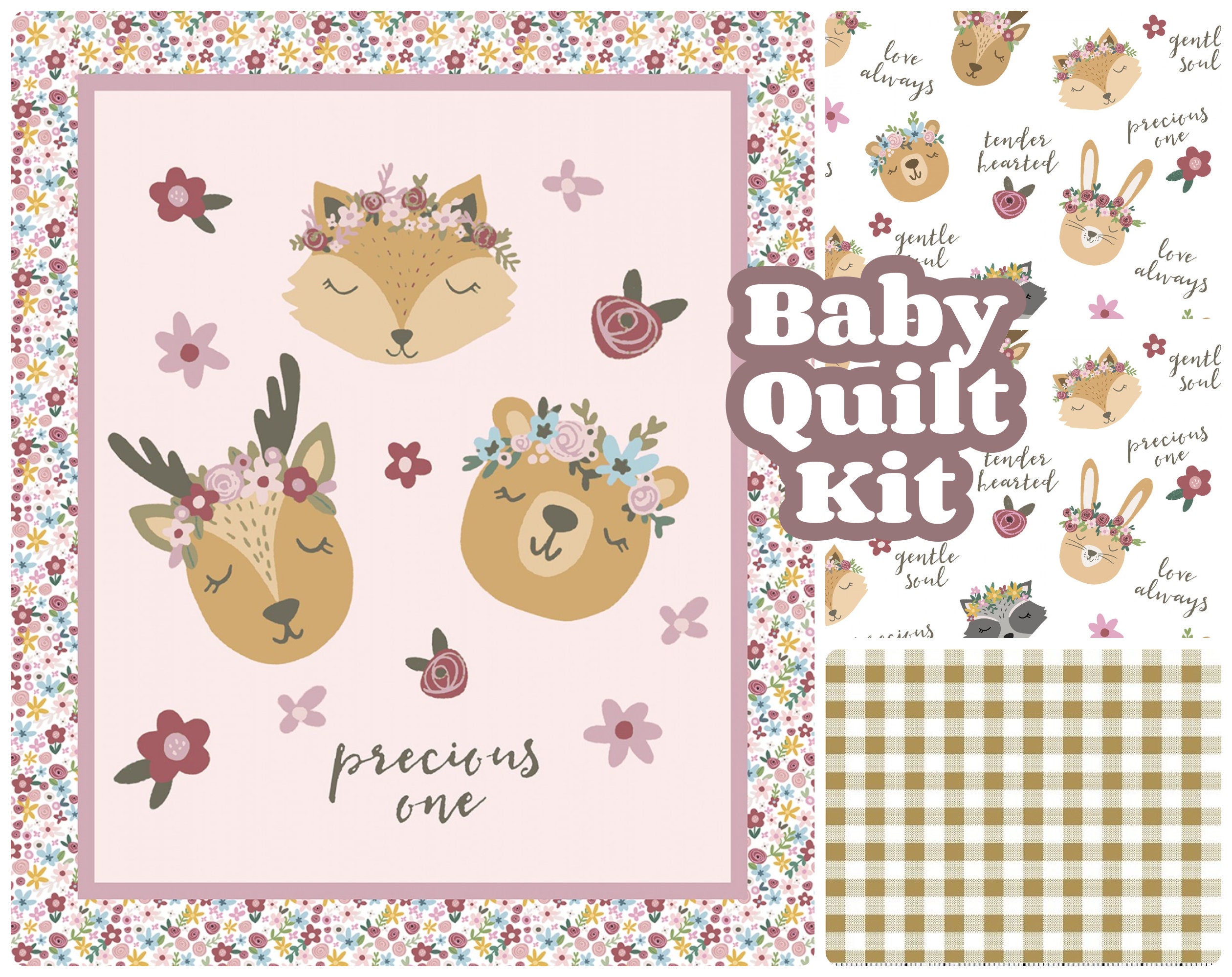 Baby Quilt Kit, Pink Baby Girl, Woodland Animals, Floral Flower Crown, Boho  Fox Bear Deer, Beginner Panel, Diy, Pretty, New Baby Gift 