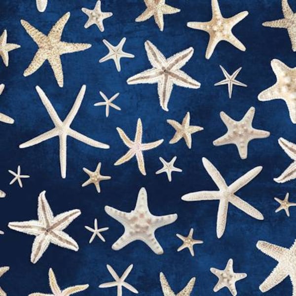 Starfish cotton, fabric by the yard, Beach Dreams, quilting cotton, navy white, summer, ocean, nautical, sea themed