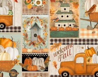 Trucks fall fabric, Harvest pumpkins, autumn fabric, cotton fabric by the yard thanksgiving, halloween, orange, retro nostalgic, black check