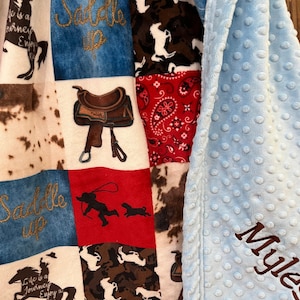 Cowboy Baby Blanket, Country Western, Cowpoke, Adult throw Minky, boy, Retro Rodeo, Roping bronco, nursery decor personalized, new baby gift