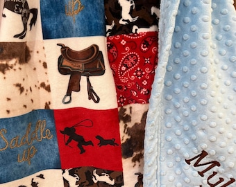 Cowboy Baby Blanket, Country Western, Cowpoke, Adult throw Minky, boy, Retro Rodeo, Roping bronco, nursery decor personalized, new baby gift