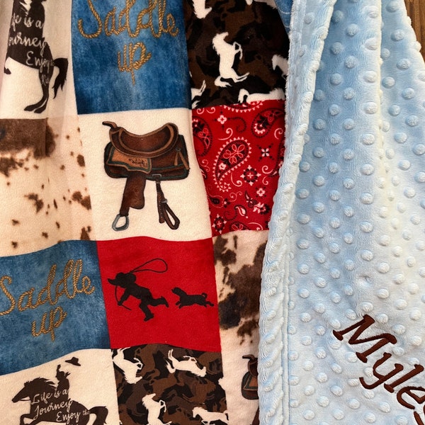 Cowboy Baby Blanket, Country Western, Cowpoke, Adult throw Minky, boy, Retro Rodeo, Roping bronco, nursery decor personalized, new baby gift