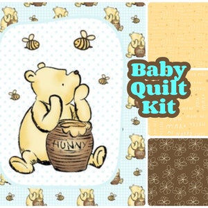 Honey Bear, Quilt Kit Fabric, baby quilt, retro nostalgic, easy panel quilt, Bear honey bees yellow, blue boy, new baby gift diy