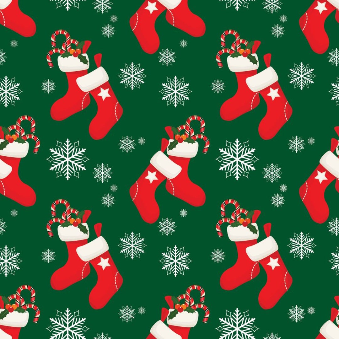 Christmas Fabric by the Yard, Quilting Cotton, Green Red White, Stockings,  Candy Canes, Holiday Festive Snow, Snowflakes, Pretty 