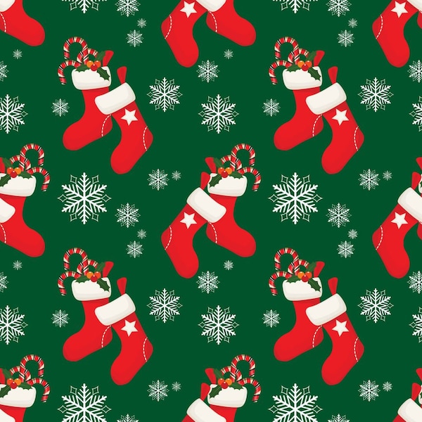 Christmas fabric by the yard, quilting cotton, green red white, stockings, candy canes, holiday festive snow, snowflakes, pretty