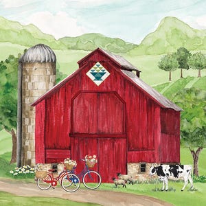 Spring Barn Quilts fabric panel, Riley Blake, red barn, cows, sheep, country farm