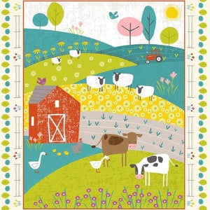 baby quilt panel,farm barn red tractor,barnyard, diy, fabric, cow, ducks, sheep, gender neutral, pig, chicken,animal,country,Wildflower farm
