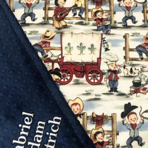 Cowboy Baby Blanket, Western Cowpoke, Boy Designer Minky, Toddler, Retro Rodeo, Roping, Chuckwagon Country, new baby gift, personalized crib