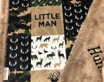 Little man blanket, camo, personalized baby boy, green brown tan, designer minky, hunting, toddler, deer buck duck moose antlers, country