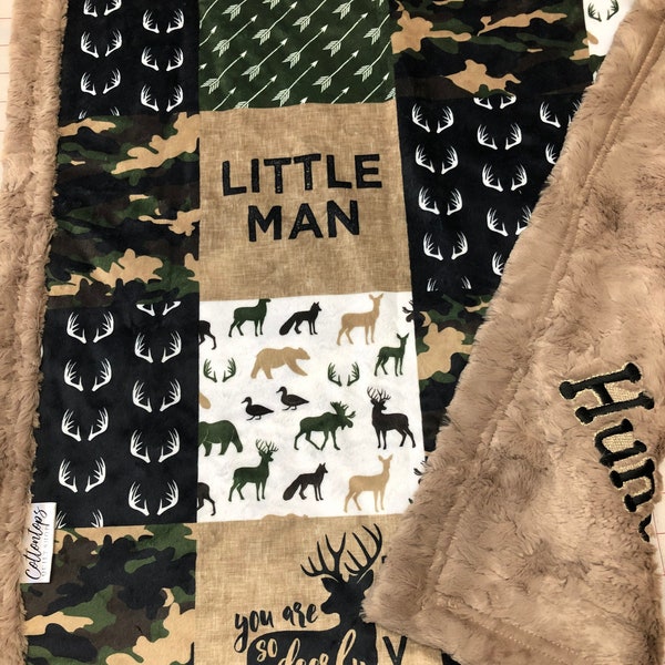 Little man blanket, camo, personalized baby boy, green brown tan, designer minky, hunting, toddler, deer buck duck moose antlers, country