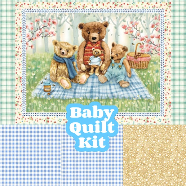 Baby Quilt Kit, teddy bear, blue green, cotton fabric, easy panel, fun sewing project, playmat, new baby gift diy, retro, old fashioned