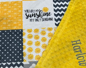 You are My Sunshine baby blanket, yellow gray, designer minky, gender neutral, gift for child mom, new baby gift, crib, nursery, throw