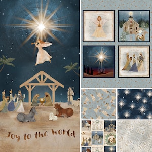 May include: A Christmas-themed fabric featuring a nativity scene with a star, angels, and the text "Joy to the World". The fabric also includes various patterns with stars, angels, and musical notes.