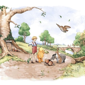 May include: Watercolor illustration featuring a young boy with Winnie the Pooh, Piglet, Eeyore, and Owl. The scene is set in a forest with a bridge, a large tree with a door, and scattered acorns. The style is reminiscent of classic children's book illustrations.