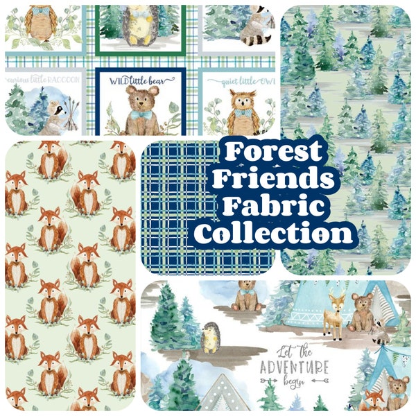 Forest Friends Fabric by the yard, half yard, 3 Wishes quilting cotton, adventure begins, blue woodland animals, baby boy, deer fox owl bear