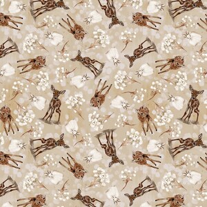 Fawn fabric, 1 yard, fearfully and wonderfully made, animals bunny, cotton fabric, deer, white, brown, gender neutral