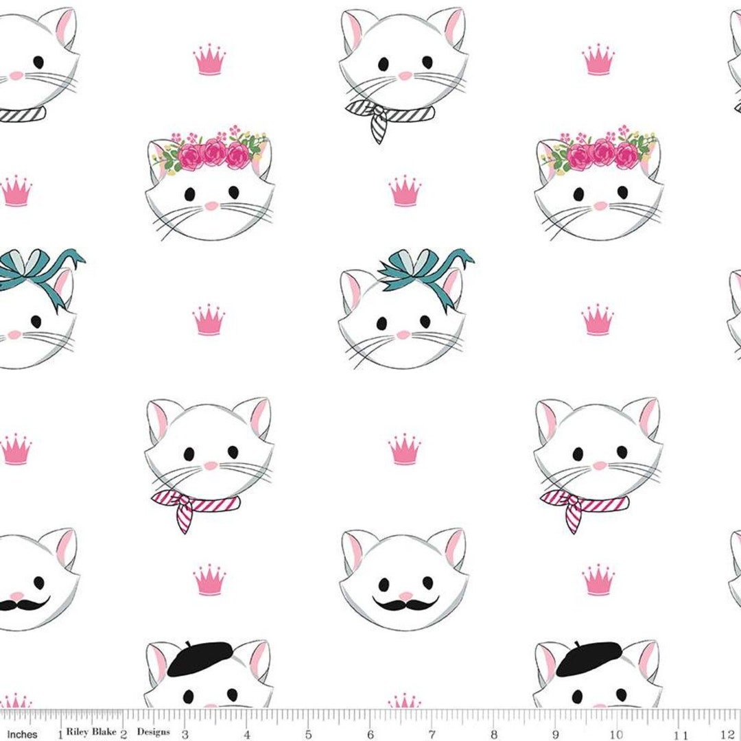 Cats Flannel Fabric by the Yard, Riley Blake Chloe, White Kittens