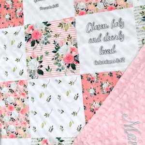 scripture blanket, Christian floral, baby girl minky, minky personalized, new baby gift, for mom, pink roses, Bible Christening, adult throw