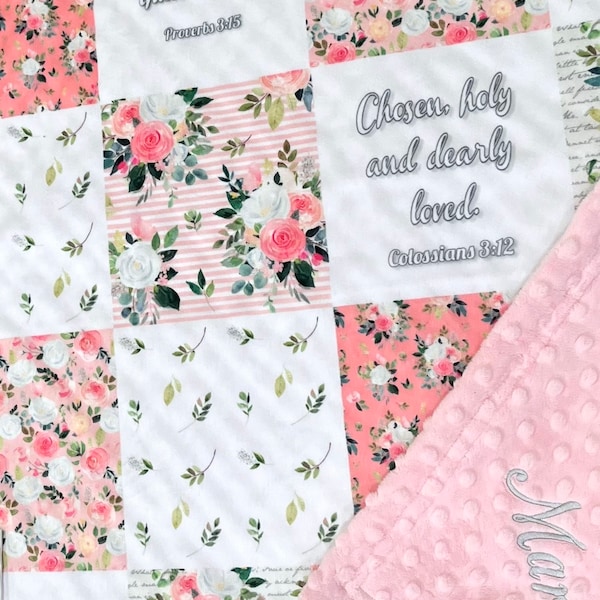 scripture blanket, Christian floral, baby girl minky, minky personalized, new baby gift, for mom, pink roses, Bible Christening, adult throw