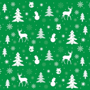 May include: A green background with a repeating pattern of white Christmas-themed icons. The icons include snowflakes, Christmas trees, reindeer, ornaments, and snowmen.