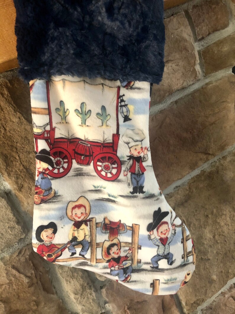 Christmas Stockings for boys, Cowboy, cowpoke, little boys toddler, personalized, nostalgic retro vintage cowboys, rodeo, chuck wagon minky image 5