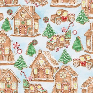 Gingerbread house fabric, Christmas cookies cotton fabric by the yard, red, green, holiday baking, quilting, trees, decor decorations