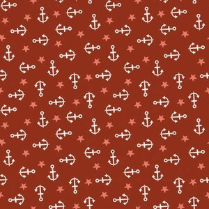 May include: A seamless pattern featuring white anchors and red stars on a brown background.