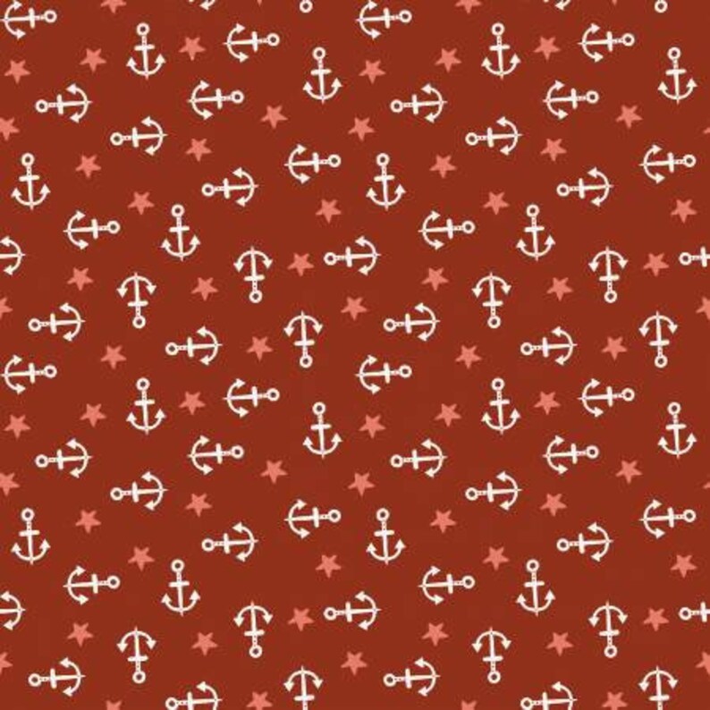May include: A seamless pattern featuring white anchors and red stars on a brown background.