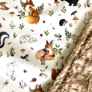 Woodland Baby Blanket, forest animals, Fawn deer, fox bunny, soft Minky, gender neutral, crib nursery, new baby gift, personalized, handmade