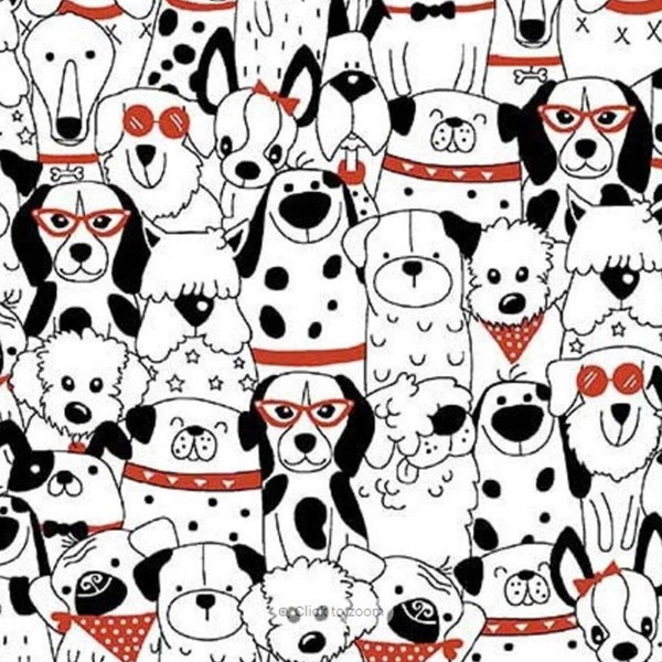 Minky fabric, by the half yard or yard, Michael Miller, Dogs Bow Wow, black white red, colorful 60 inch wide, cute soft sewing, puppies