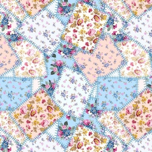 May include: A fabric pattern featuring a patchwork design of square and rectangular sections. The print displays various floral motifs in shades of pink, blue, yellow, and white, with stitched border details connecting each distinct floral block.