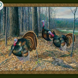 Turkeys fabric panel, turkey quilting cotton, fall autumn Thanksgiving, wild hunting, wildlife, nature, easy quilt panel, sewing supply,