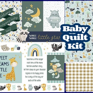 baby boy quilt kit, jungle babies, giraffe animals,  lion hippo, beginner, panel diy, toddler happy, new baby gift blue, stars moon