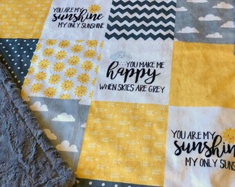 You are My Sunshine baby blanket, yellow gray, designer minky, gender neutral, gift for child mom, new baby gift, crib, nursery, throw