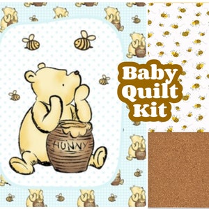 Honey Bear, Quilt Kit Fabric, baby quilt, retro nostalgic, easy panel quilt, Bear honey bees yellow, blue boy, new baby gift diy