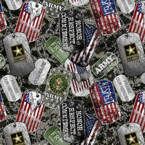 army fabric, dog tags, military cotton, Fabric by the yard, patriotic US Army, USA flag, stars and stripes, armed forces, Army strong, honor
