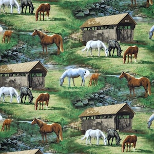 horse fabric, Sweetwater Bridge quilting cotton, country, ranch horse digitally printed fabric, pastures brooks farm ranch fabric horses
