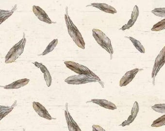 22" end of bolt Feather fabric, feathers, cotton quilting fabric, Wildwood, cream brown