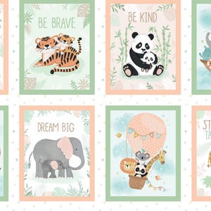 May include: A set of six illustrated cards with inspirational messages and cute animal illustrations. The cards feature a tiger, panda, elephant, giraffe, koala, and lion. The cards are printed on white paper with a green border and a pink background.