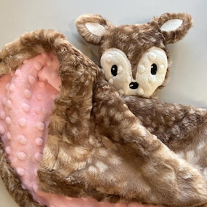 Fawn Deer Lovie, personalized security blanket, deer head soft Minky, nursery, new baby gift, handmade, fawn faux fur lovey cute soft