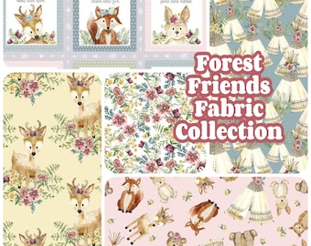 Forest Friends Fabric by the yard, 3 Wishes quilting cotton, the adventure begins, pink woodland animals, baby girl, fawn deer, fox owl bear